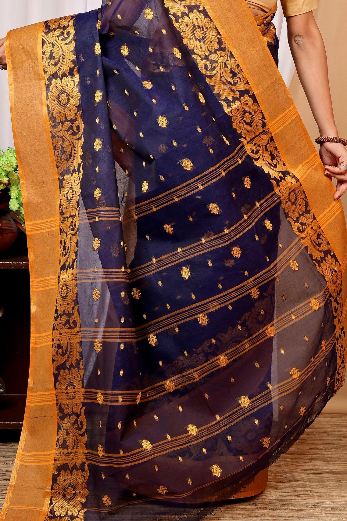 Dark Blue Pure Cotton Heruka Tant Saree (1602)