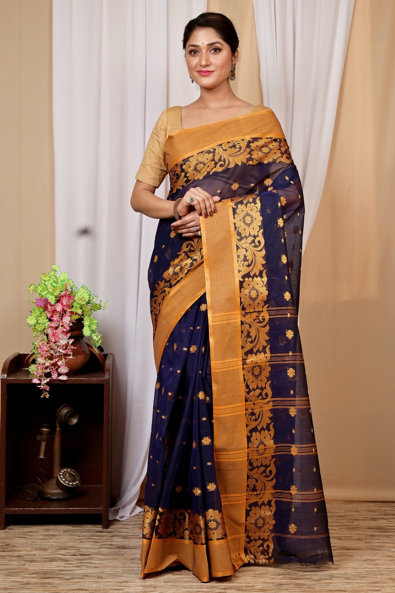 Dark Blue Pure Cotton Heruka Tant Saree (1602)