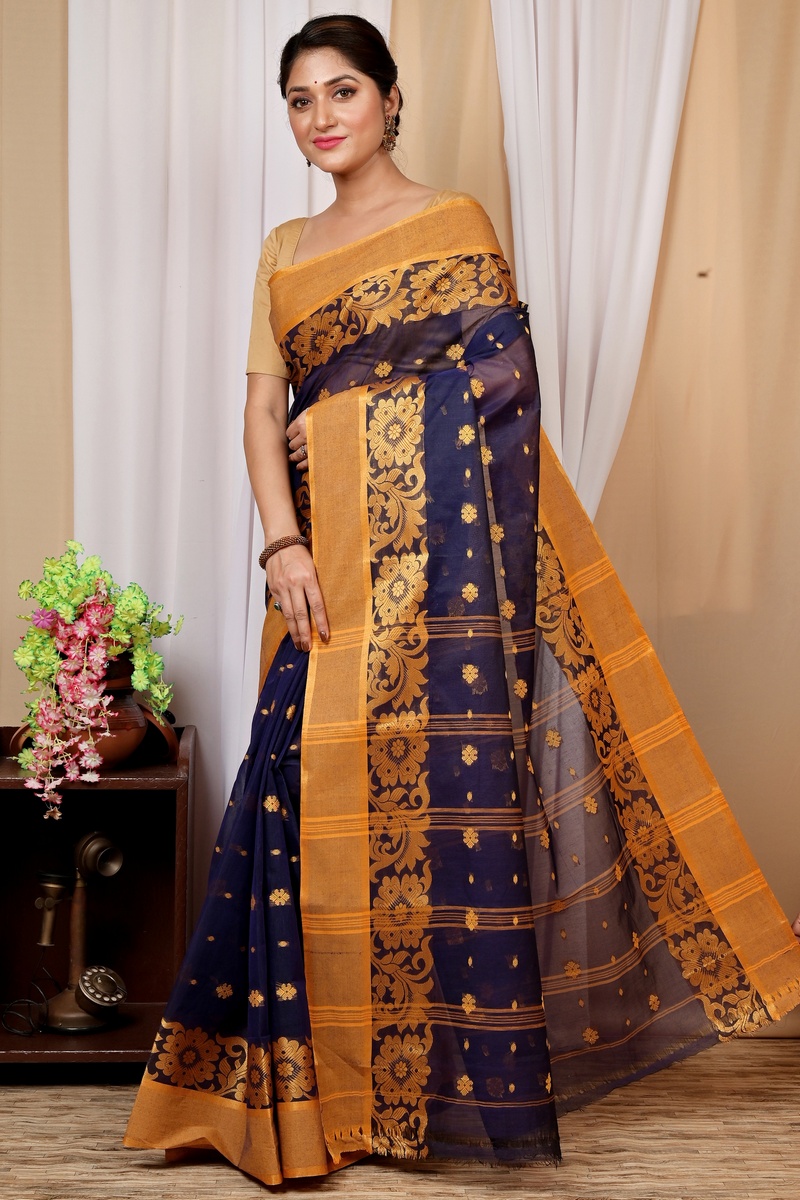 Dark Blue Pure Cotton Heruka Tant Saree (1602)