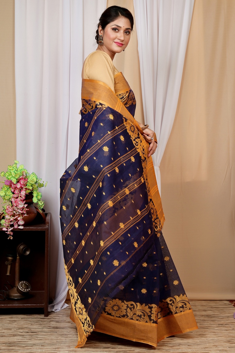 Dark Blue Pure Cotton Heruka Tant Saree (1602)