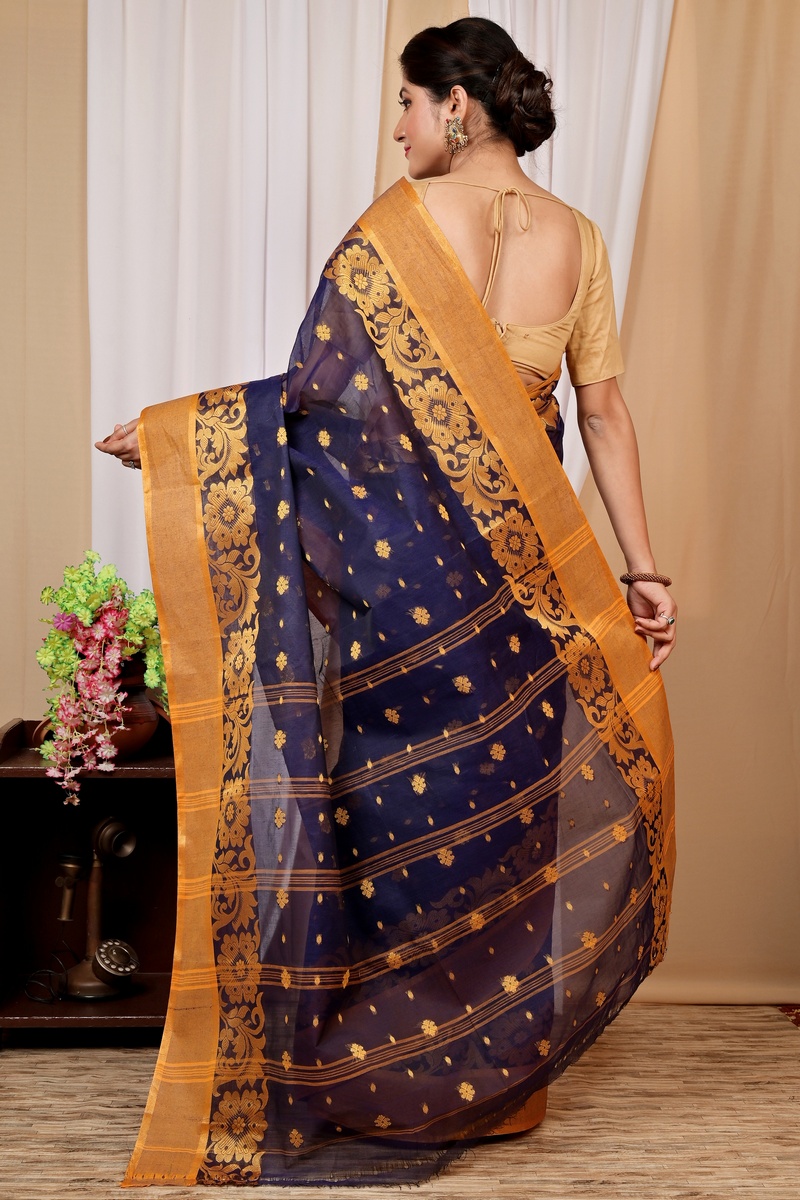 Dark Blue Pure Cotton Heruka Tant Saree (1602)