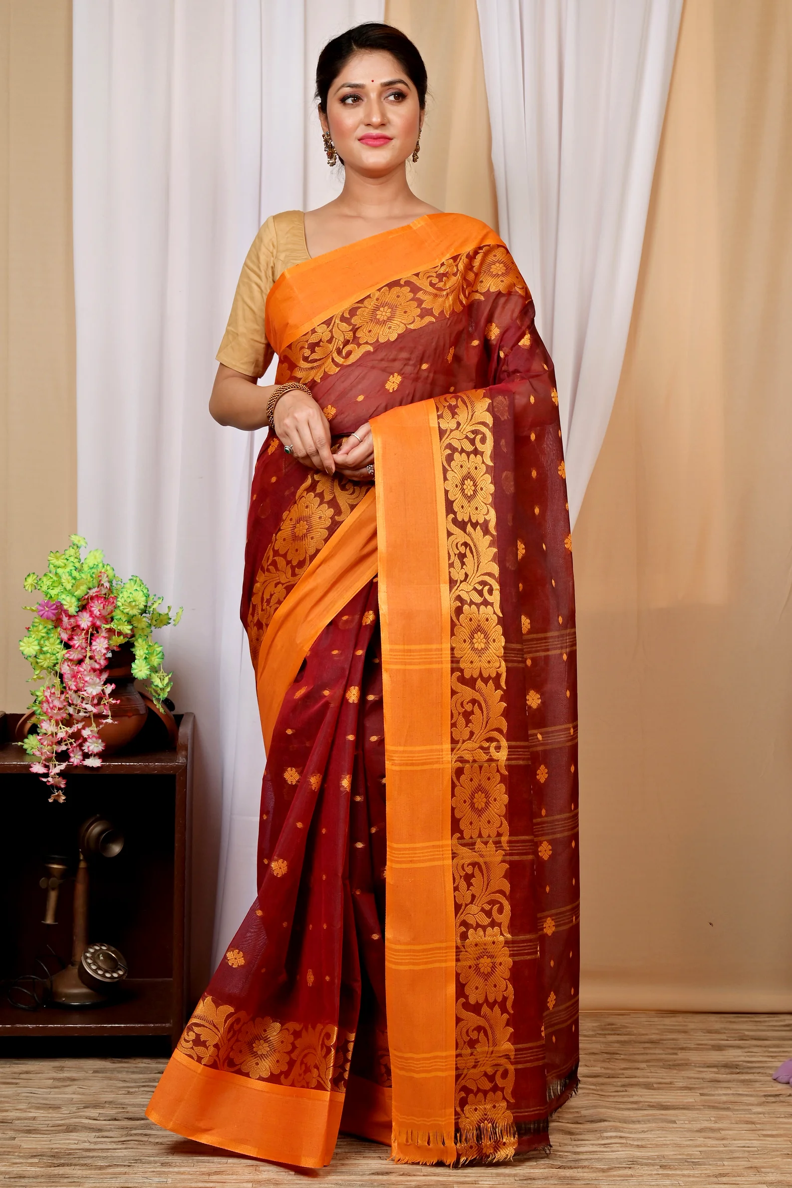 Brown Pure Cotton Heruka Tant Saree (1603)