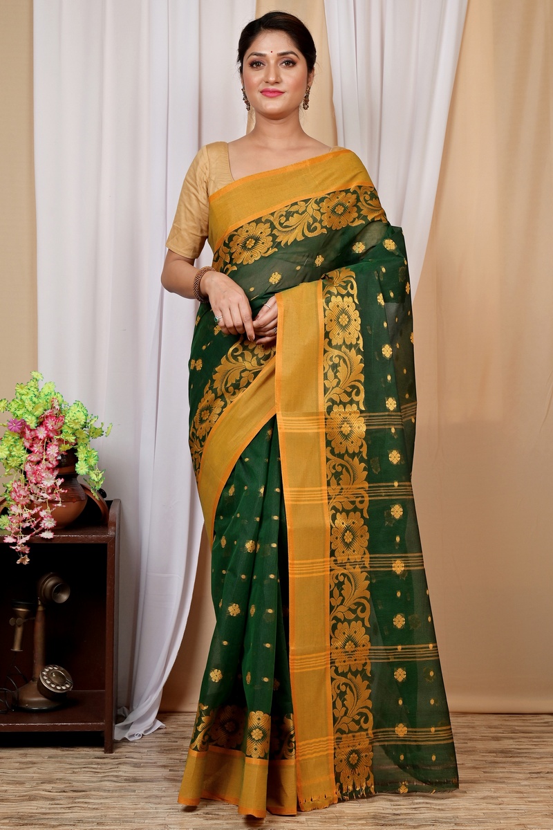 Dark Green Pure Cotton Heruka Tant Saree (1604)