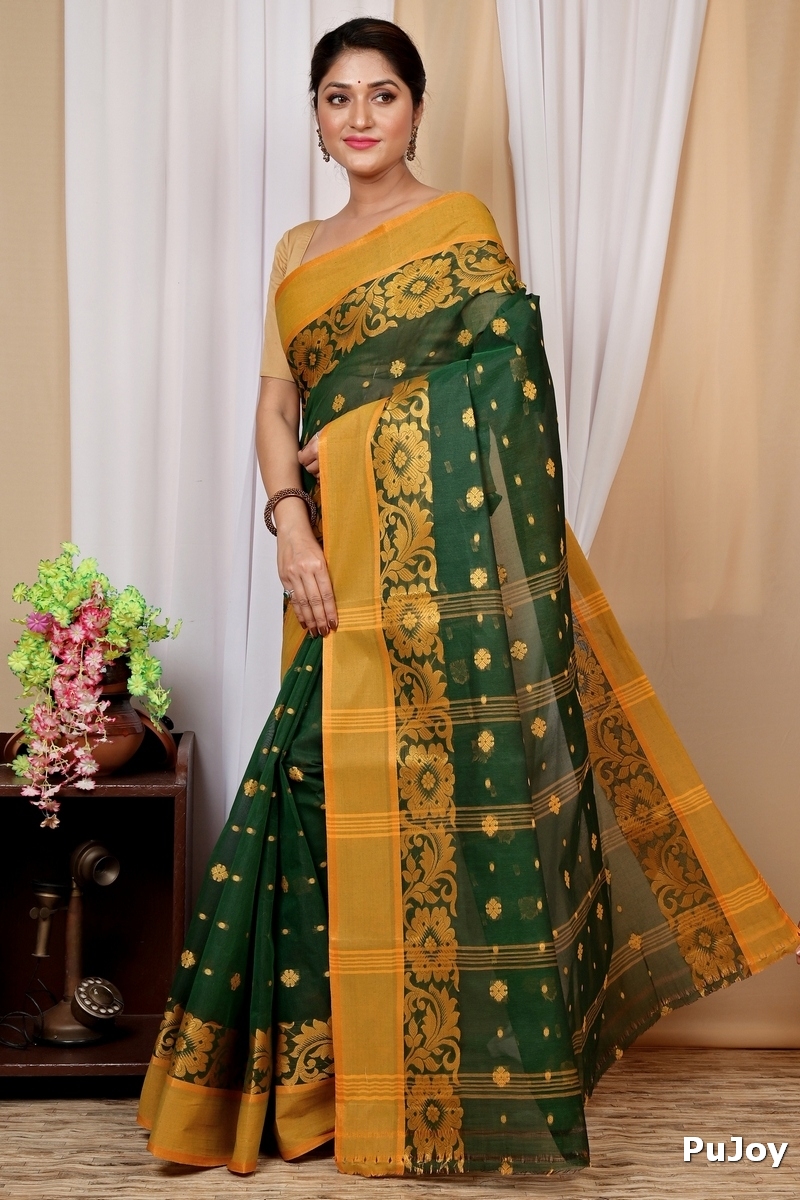 Dark Green Pure Cotton Heruka Tant Saree (1604)