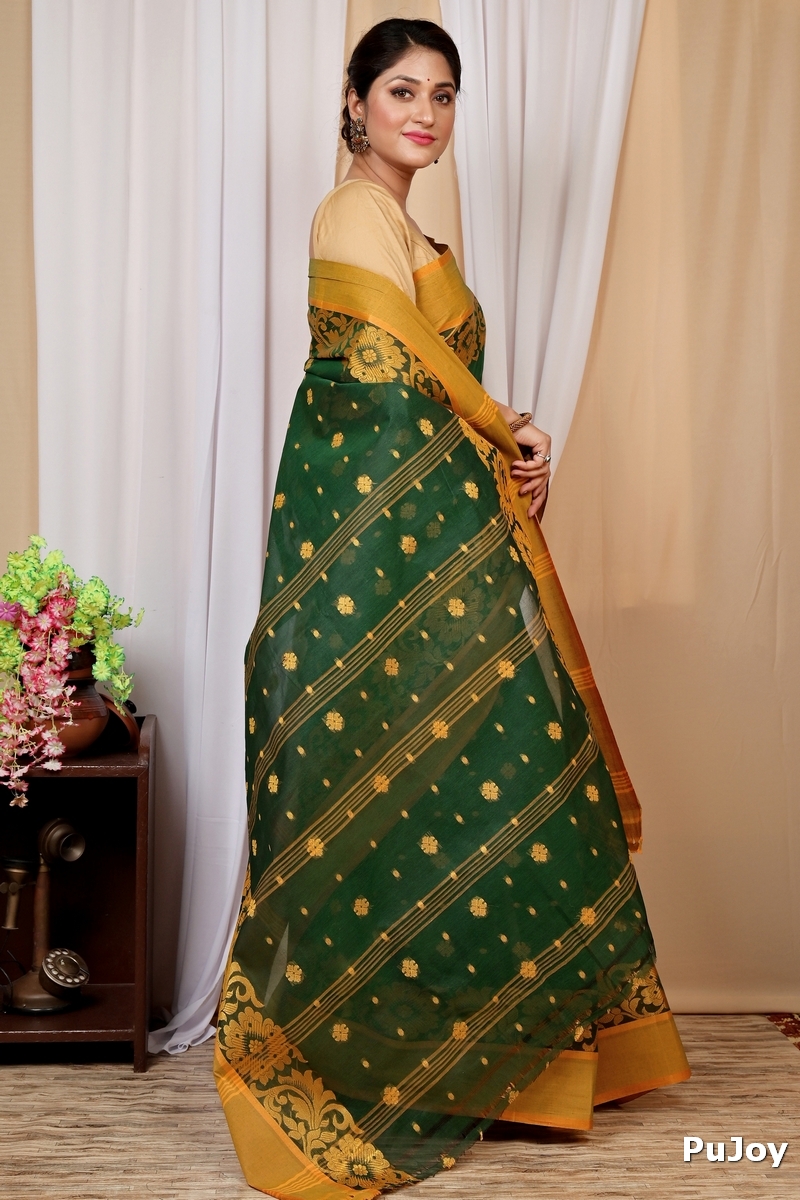 Dark Green Pure Cotton Heruka Tant Saree (1604)