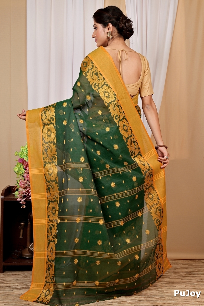 Dark Green Pure Cotton Heruka Tant Saree (1604)
