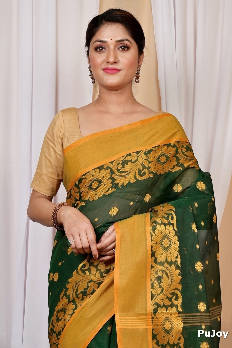 Dark Green Pure Cotton Heruka Tant Saree (1604)