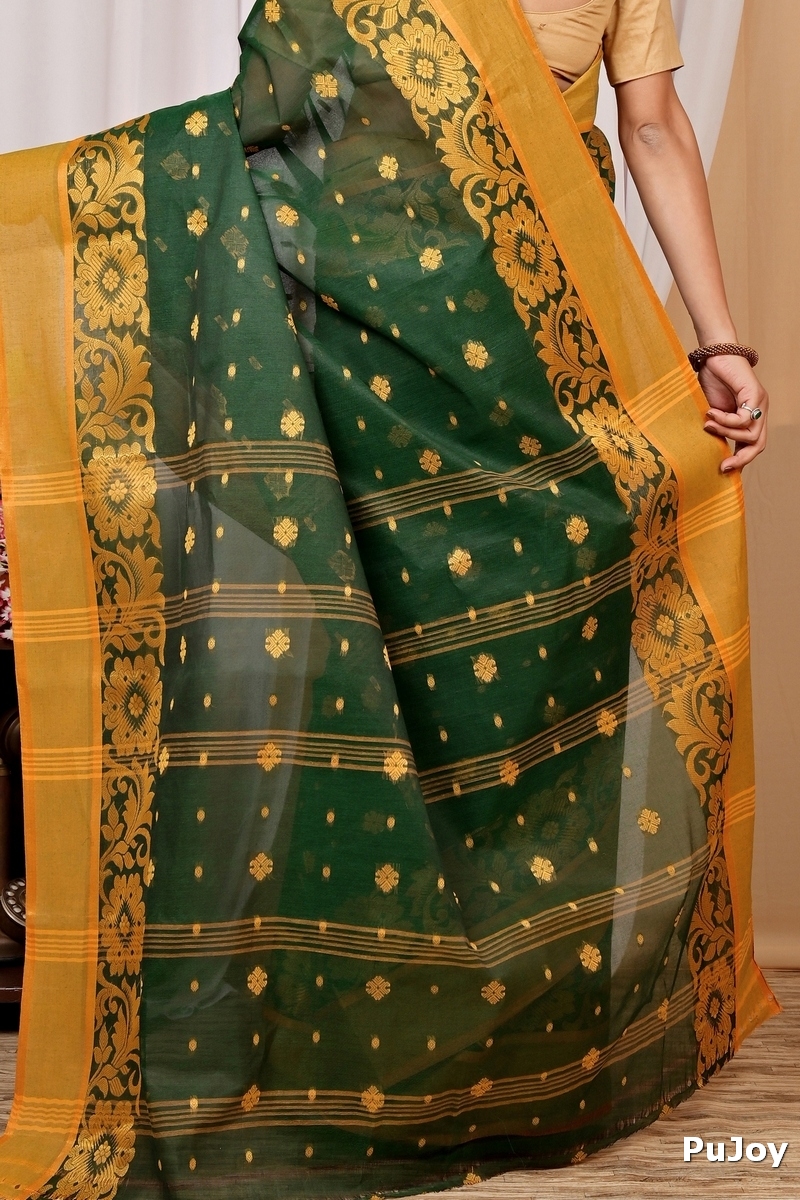 Dark Green Pure Cotton Heruka Tant Saree (1604)