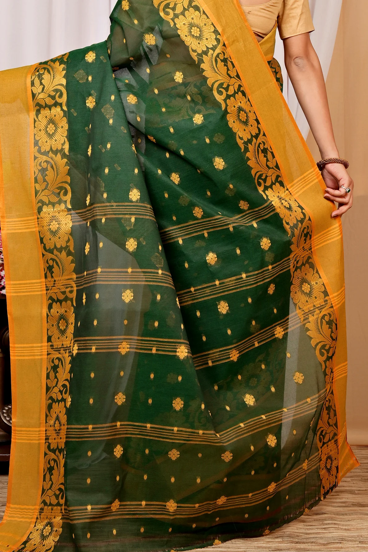 Dark Green Pure Cotton Heruka Tant Saree (1604)