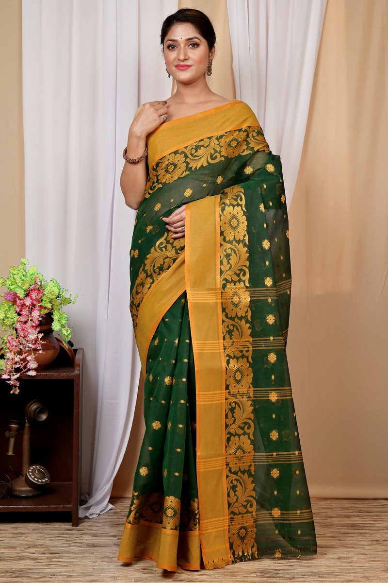 Dark Green Pure Cotton Heruka Tant Saree (1604)