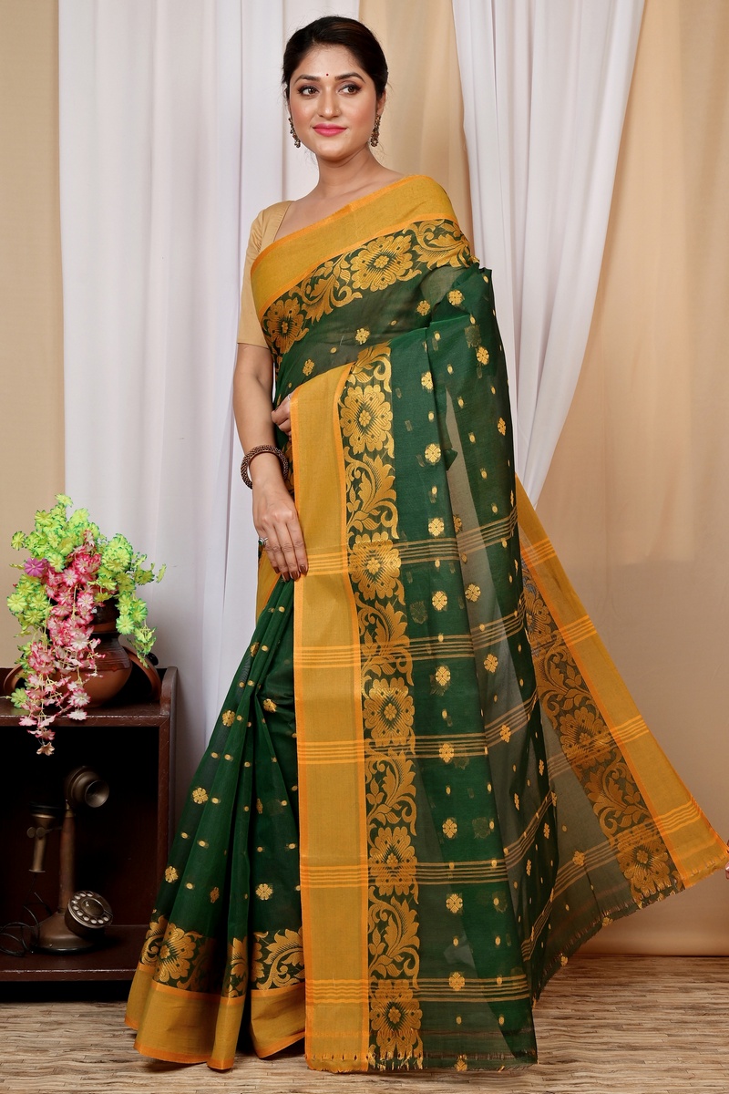 Dark Green Pure Cotton Heruka Tant Saree (1604)