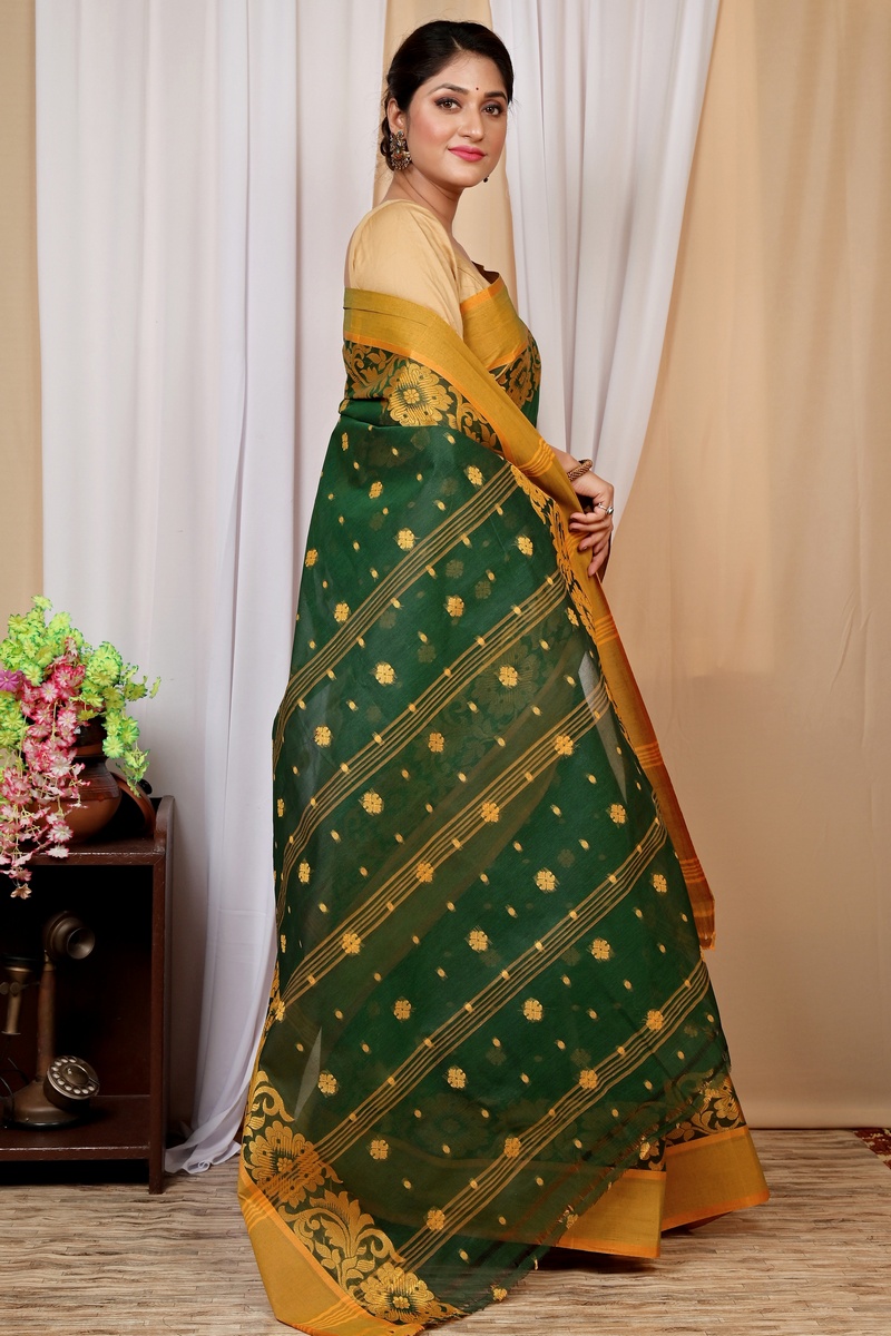 Dark Green Pure Cotton Heruka Tant Saree (1604)