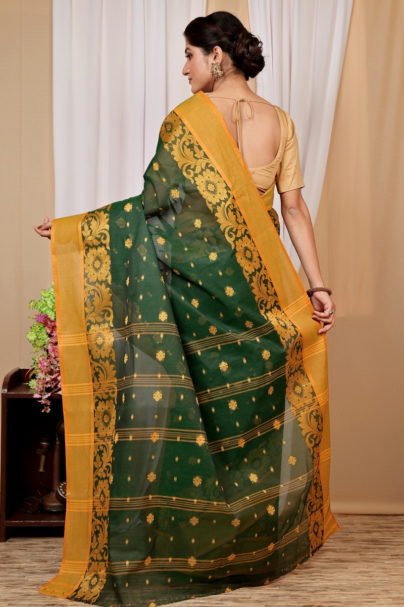 Dark Green Pure Cotton Heruka Tant Saree (1604)