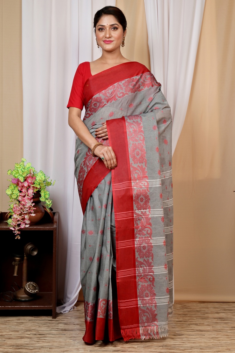 Grey Pure Cotton Heruka Tant Saree (1605)
