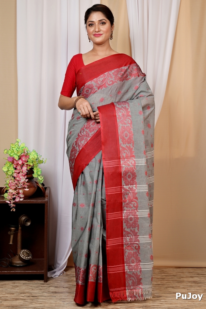 Grey Pure Cotton Heruka Tant Saree (1605)