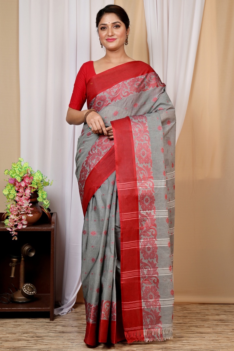 Grey Pure Cotton Heruka Tant Saree (1605)