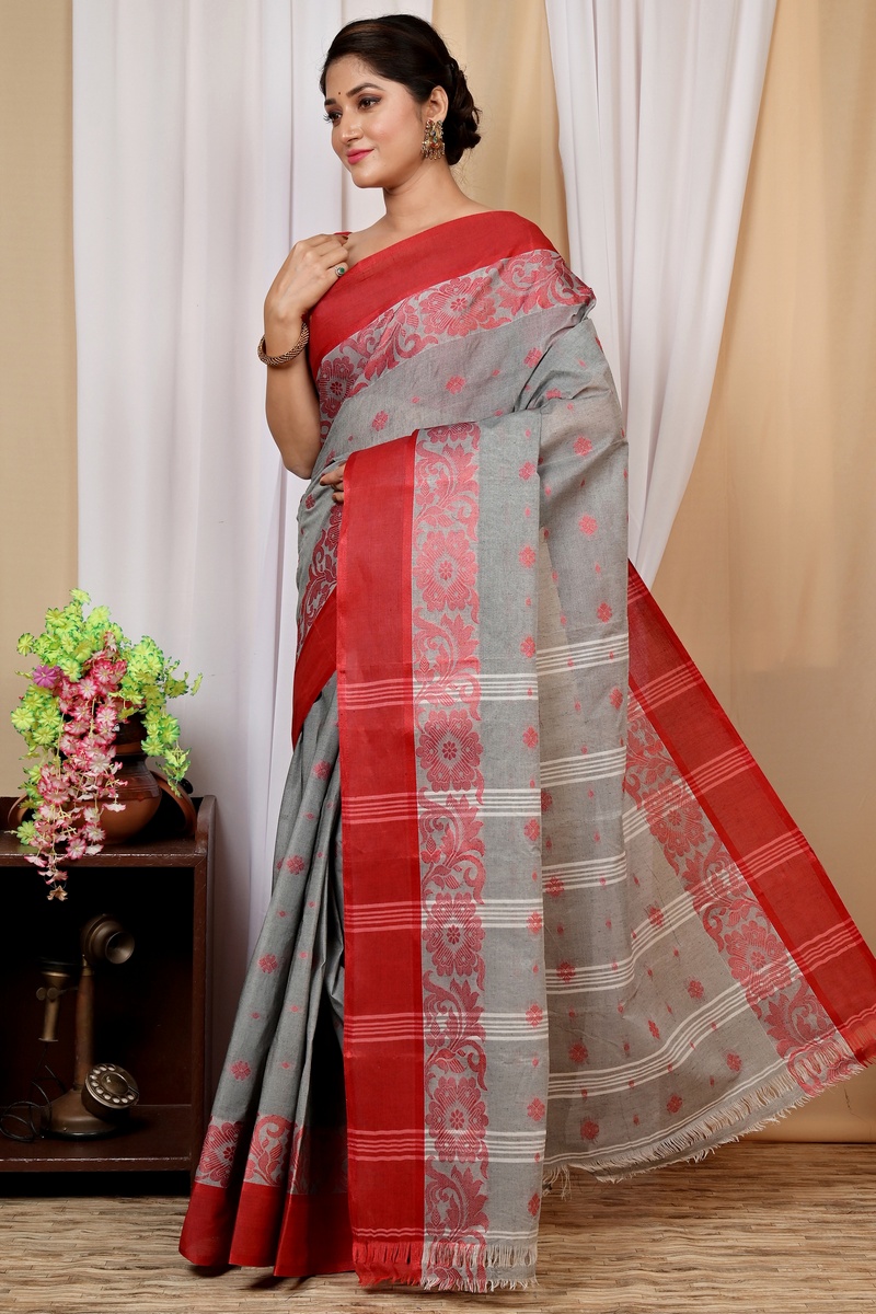 Grey Pure Cotton Heruka Tant Saree (1605)