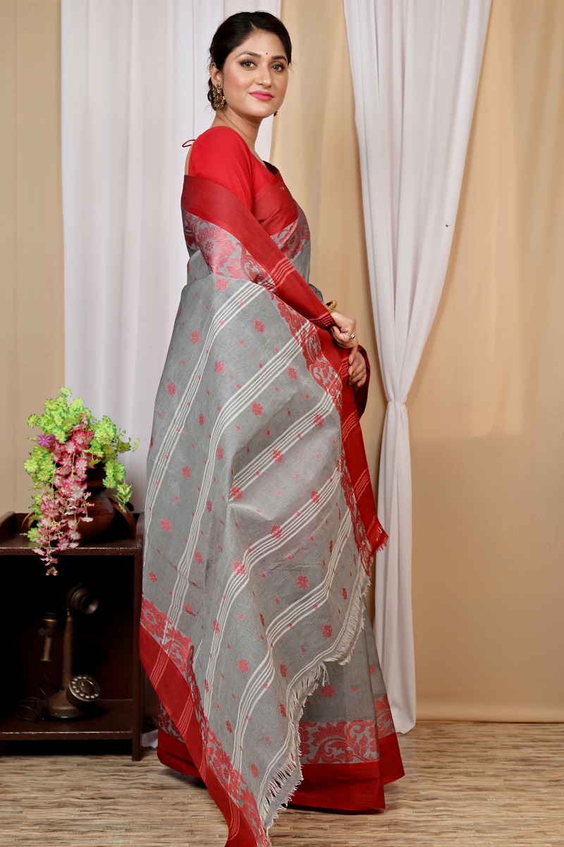 Grey Pure Cotton Heruka Tant Saree (1605)