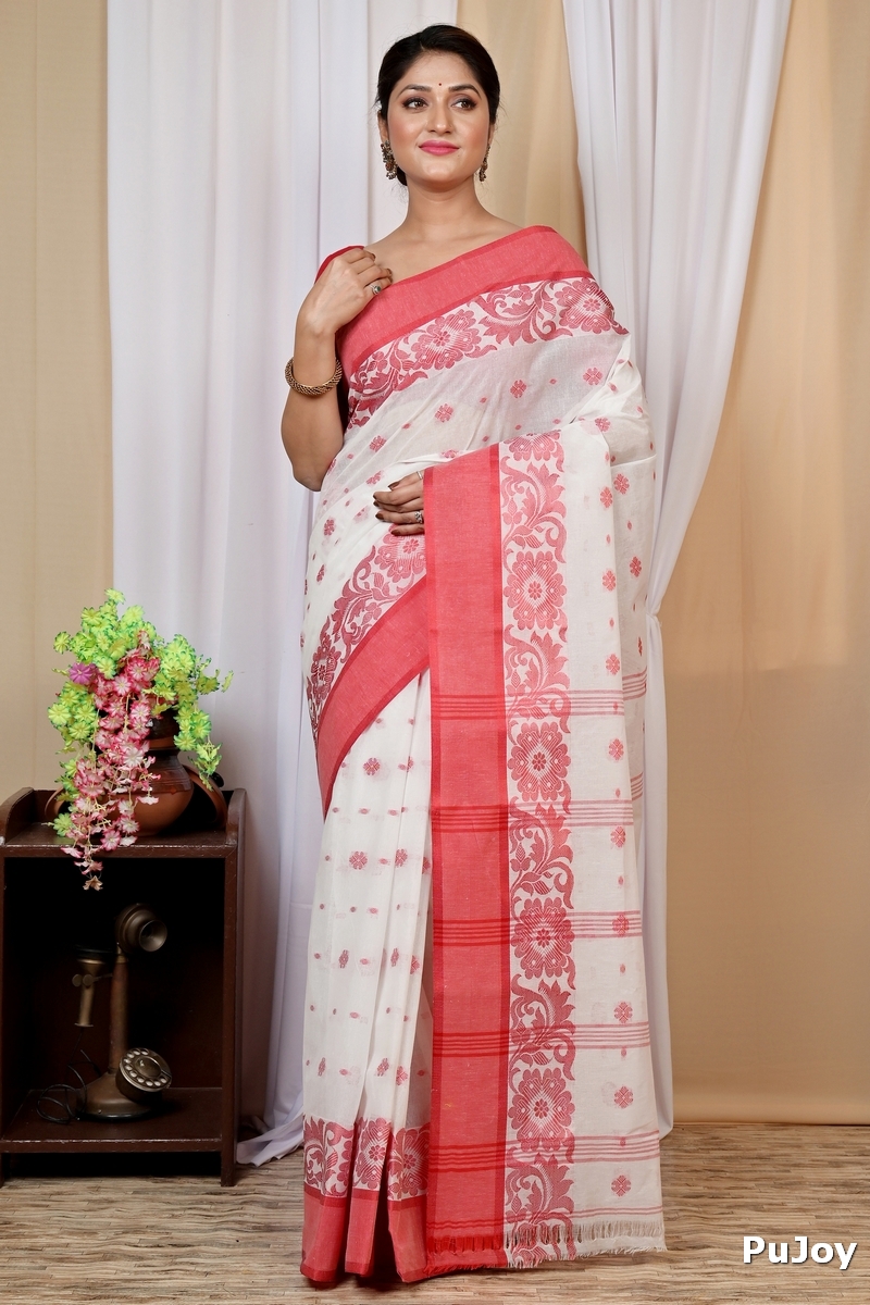 White Red Pure Cotton Heruka Tant Saree (1606)