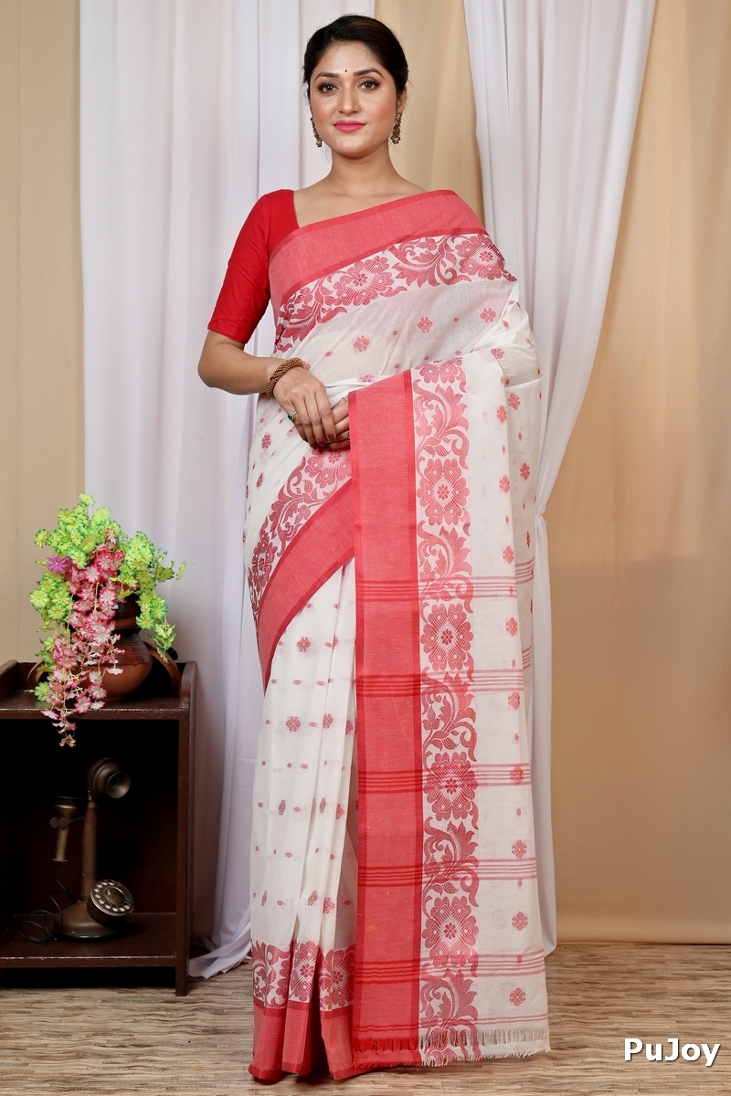 White Red Pure Cotton Heruka Tant Saree (1606)