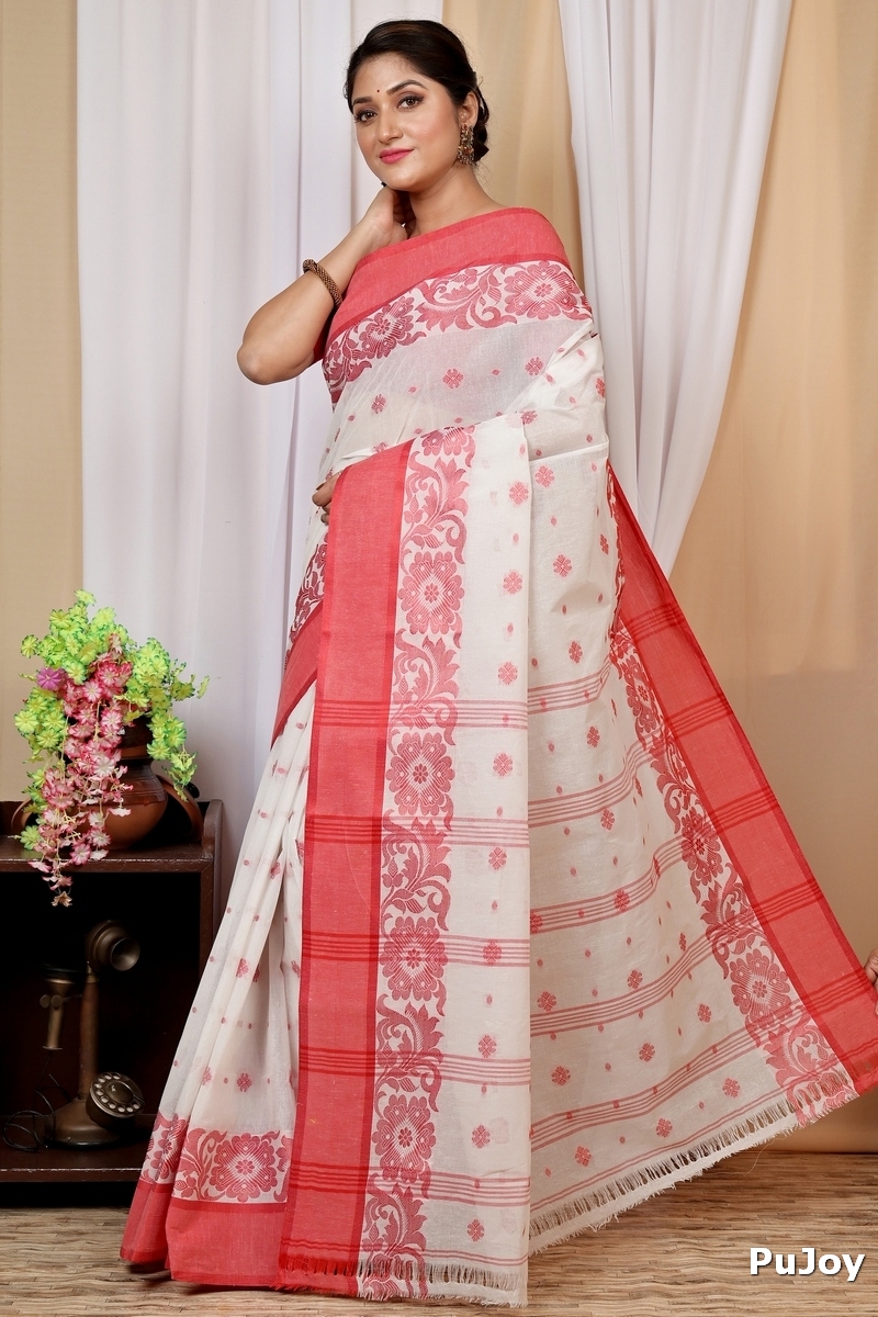 White Red Pure Cotton Heruka Tant Saree (1606)