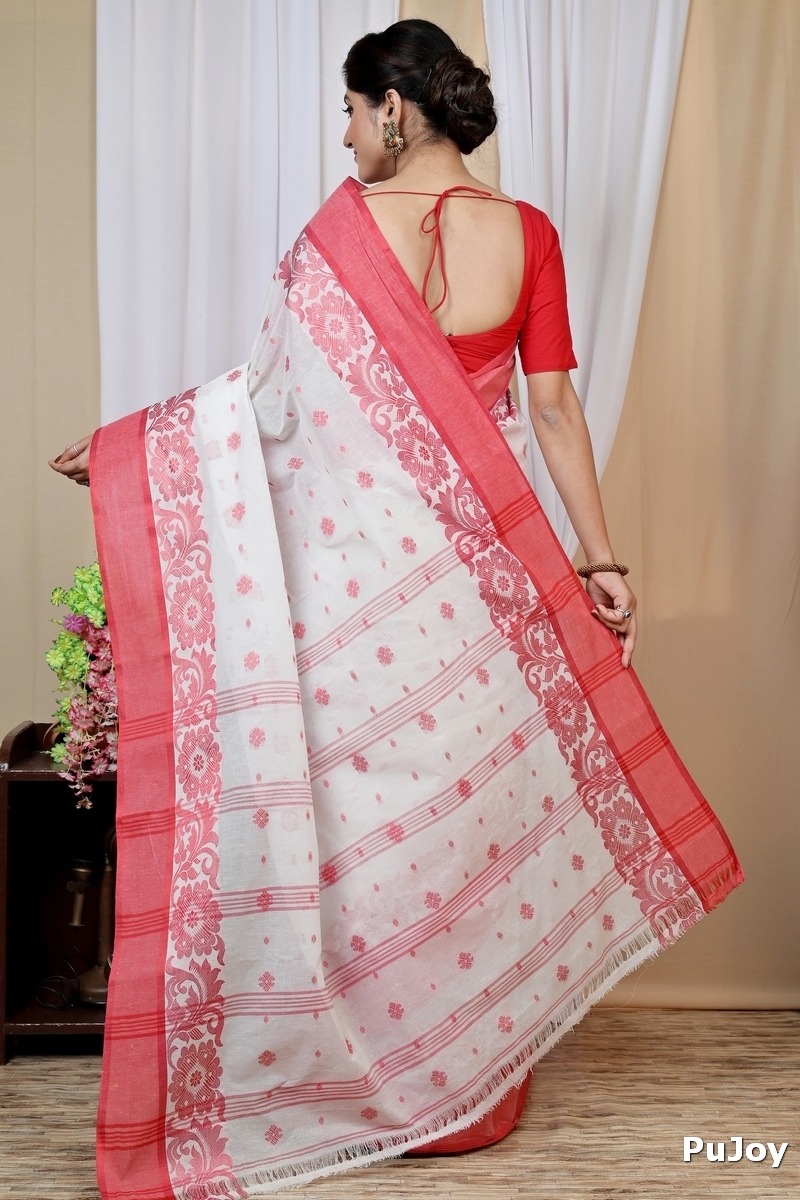 White Red Pure Cotton Heruka Tant Saree (1606)