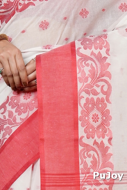 White Red Pure Cotton Heruka Tant Saree (1606)