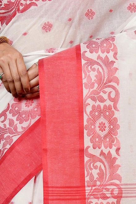 White Red Pure Cotton Heruka Tant Saree (1606)