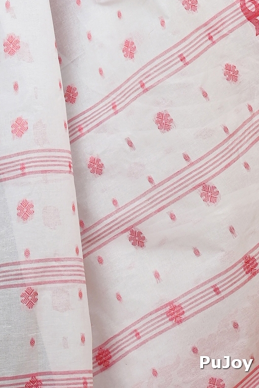 White Red Pure Cotton Heruka Tant Saree (1606)