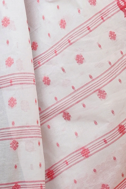 White Red Pure Cotton Heruka Tant Saree (1606)