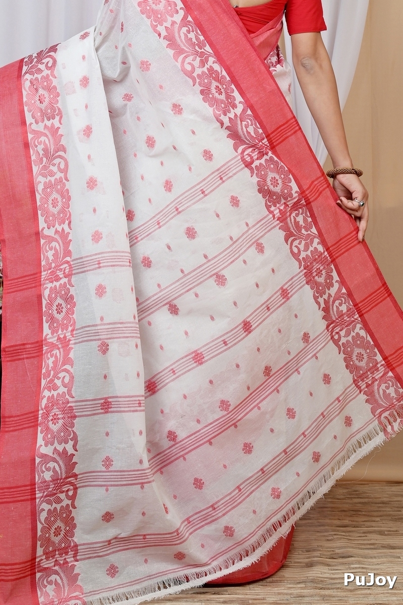 White Red Pure Cotton Heruka Tant Saree (1606)