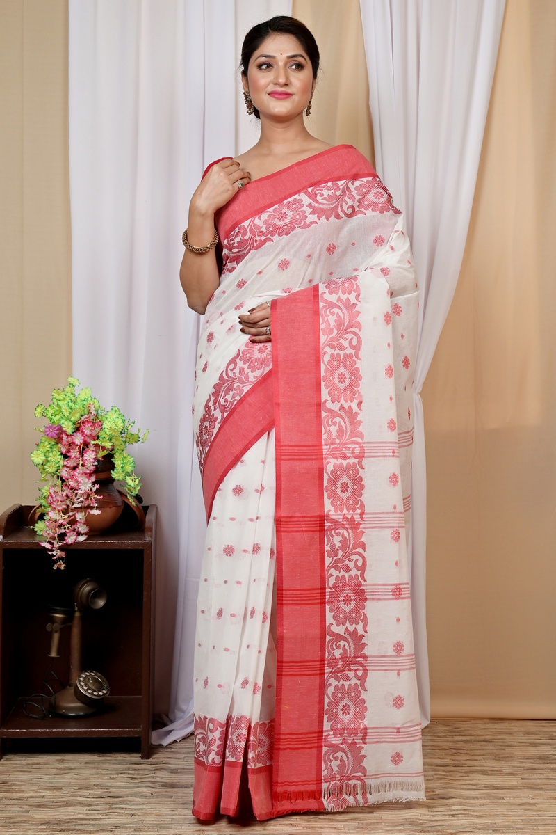 White Red Pure Cotton Heruka Tant Saree (1606)