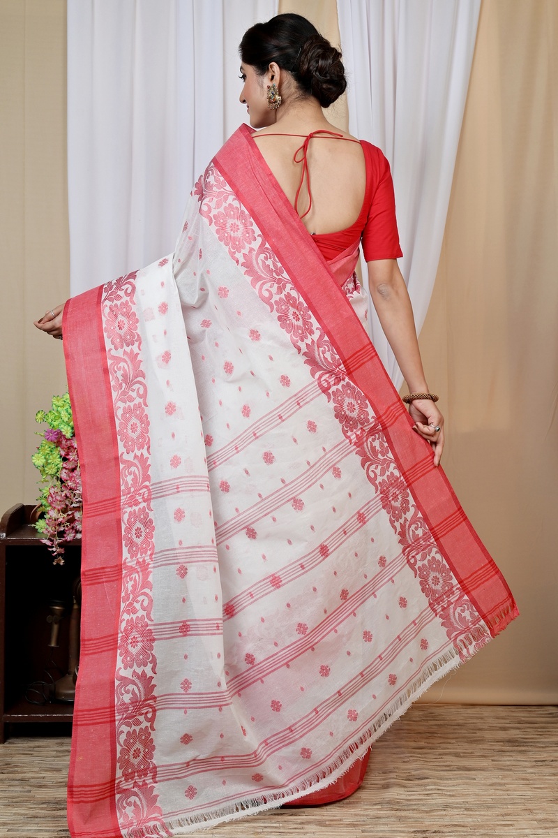 White Red Pure Cotton Heruka Tant Saree (1606)