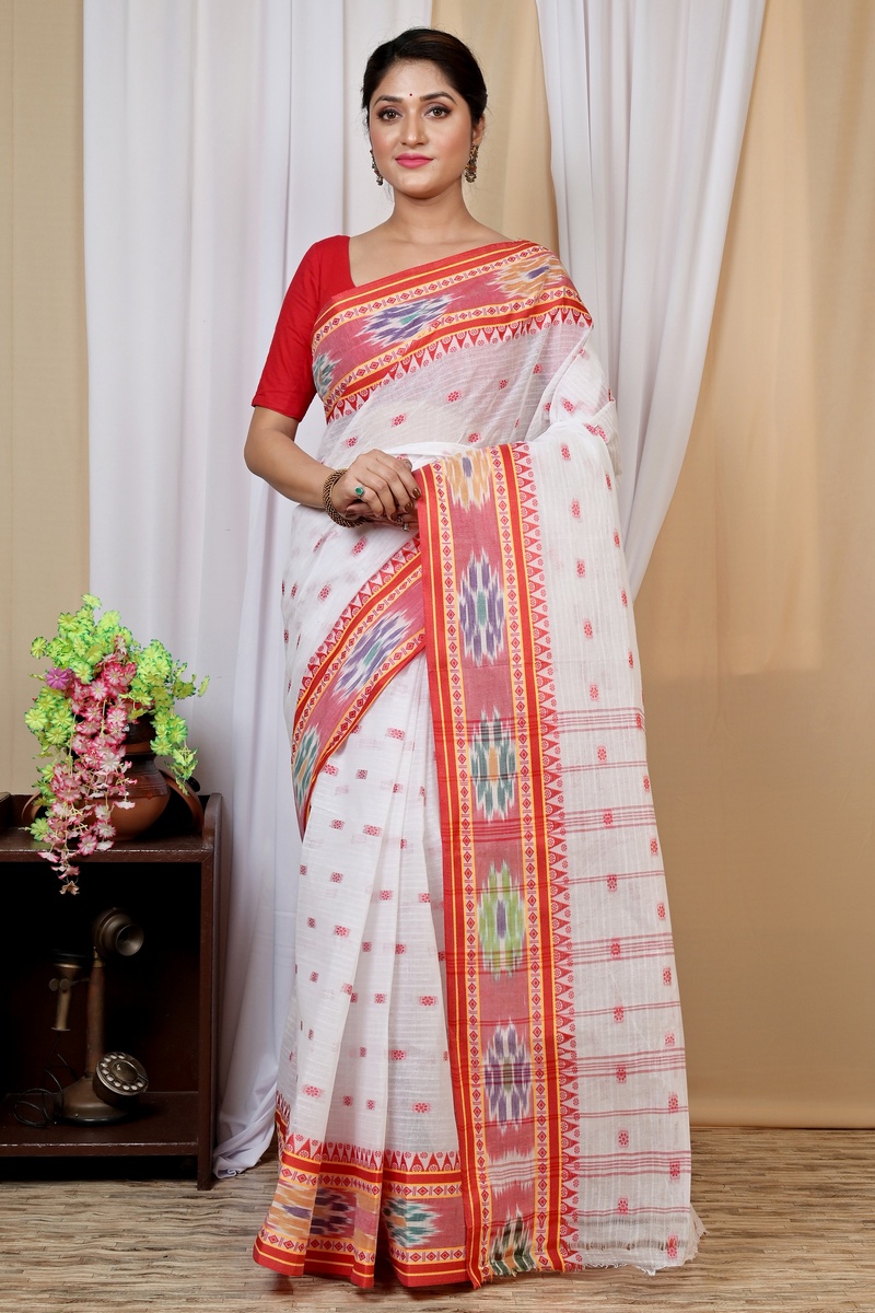 Red and White Pure Cotton Hema Tant Saree (1607)