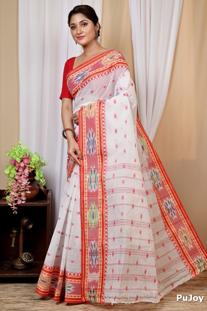 Red and White Pure Cotton Hema Tant Saree (1607)