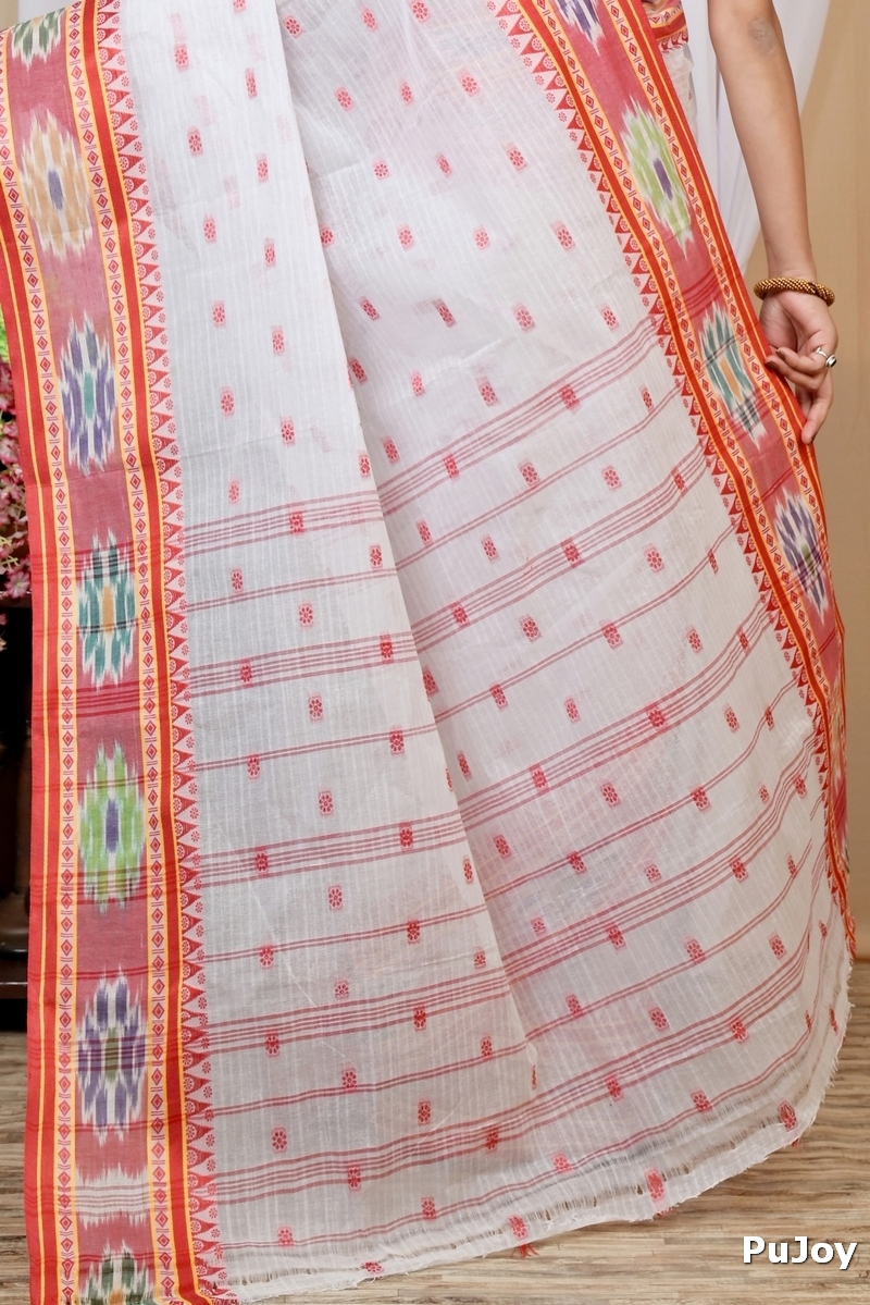 Red and White Pure Cotton Hema Tant Saree (1607)
