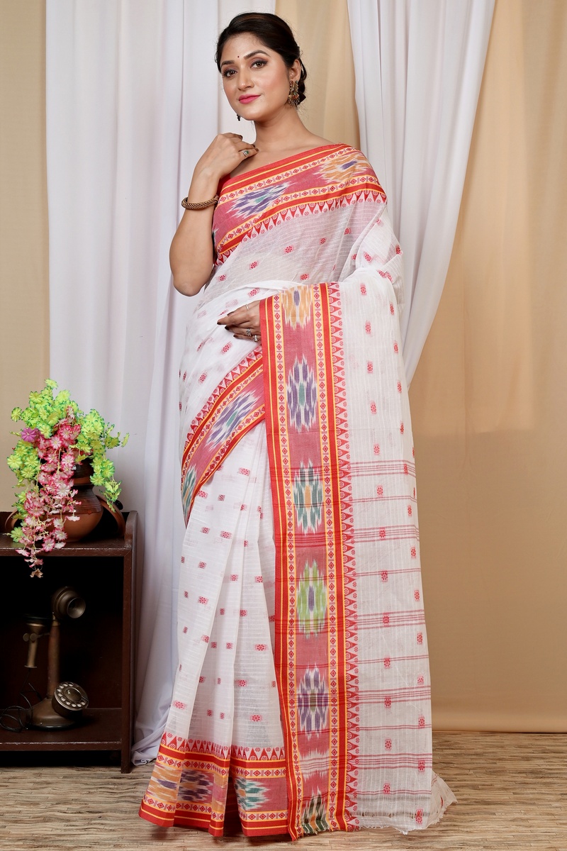 Red and White Pure Cotton Hema Tant Saree (1607)