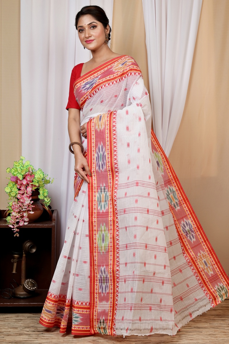 Red and White Pure Cotton Hema Tant Saree (1607)