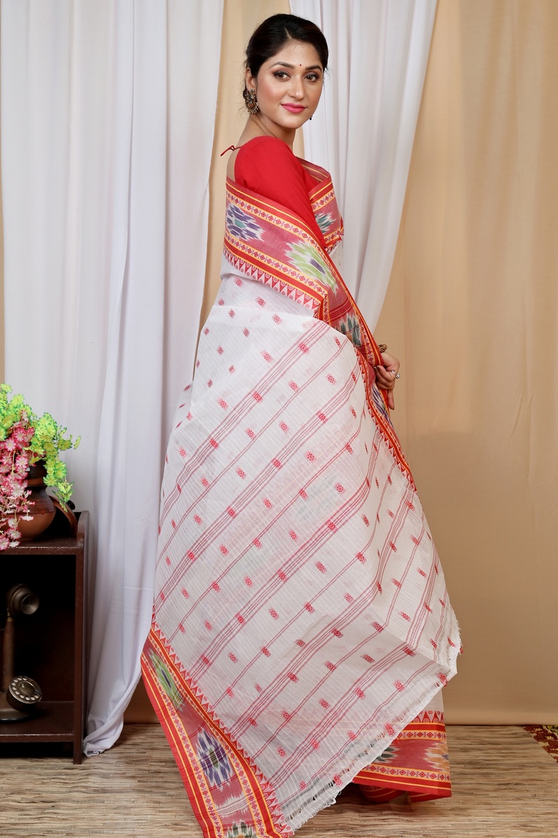 Red and White Pure Cotton Hema Tant Saree (1607)