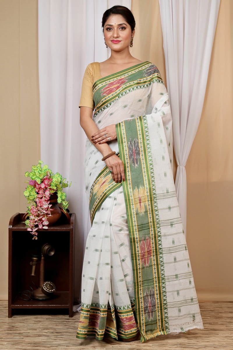 Green and White Pure Cotton Hema Tant Saree (1608)