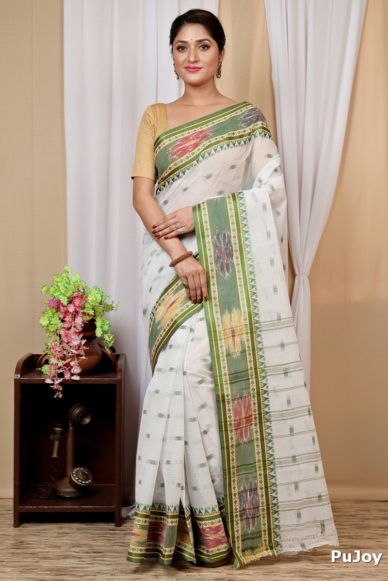 Green and White Pure Cotton Hema Tant Saree (1608)