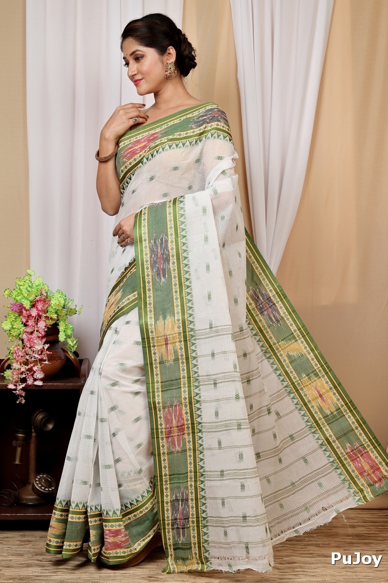 Green and White Pure Cotton Hema Tant Saree (1608)