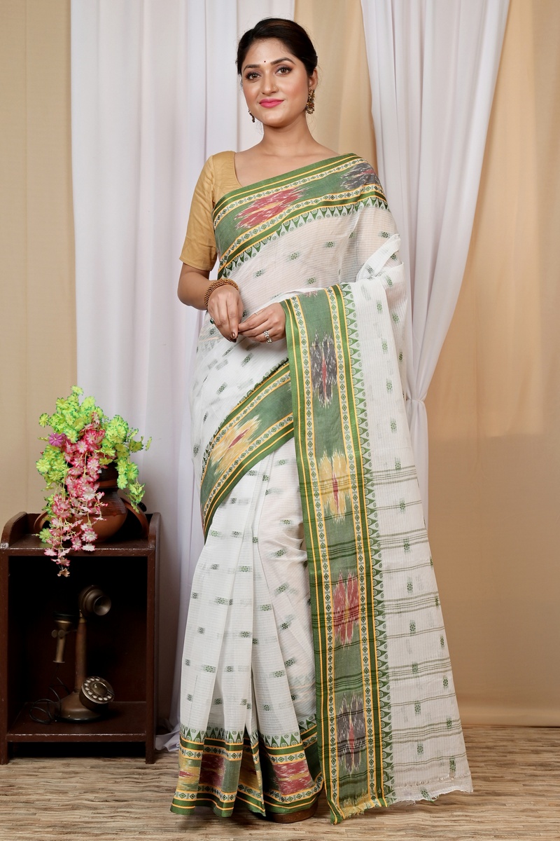 Green and White Pure Cotton Hema Tant Saree (1608)