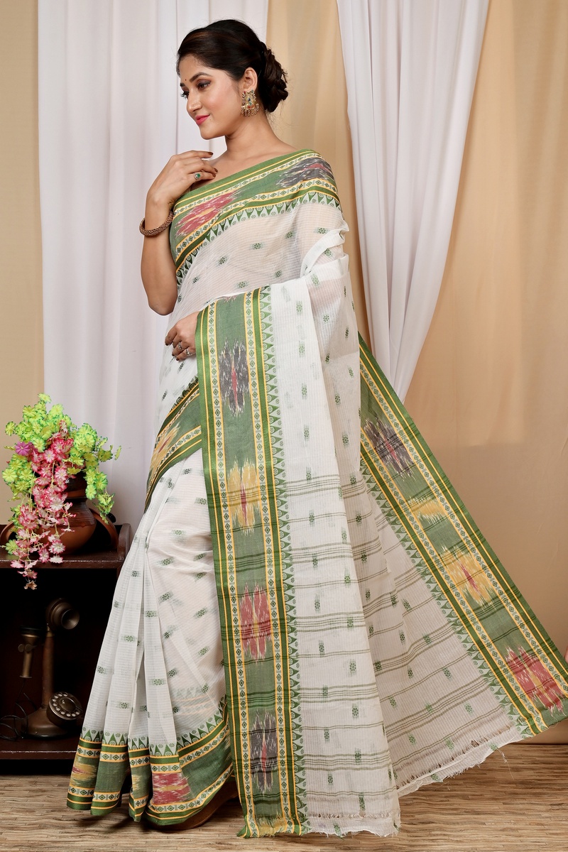 Green and White Pure Cotton Hema Tant Saree (1608)
