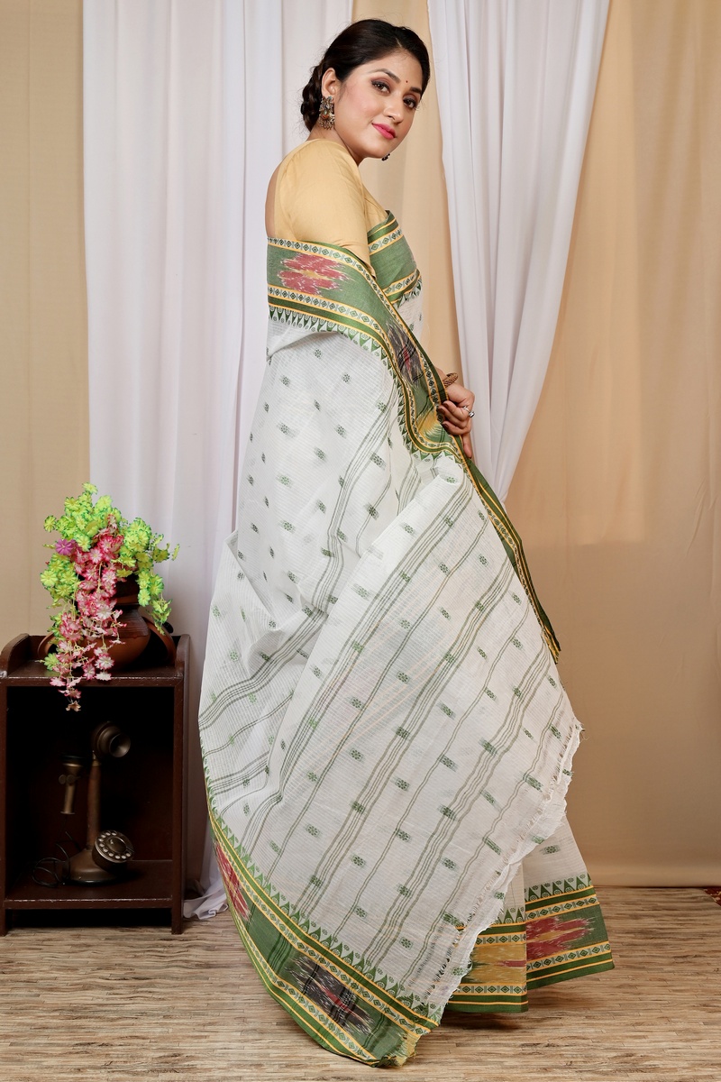 Green and White Pure Cotton Hema Tant Saree (1608)