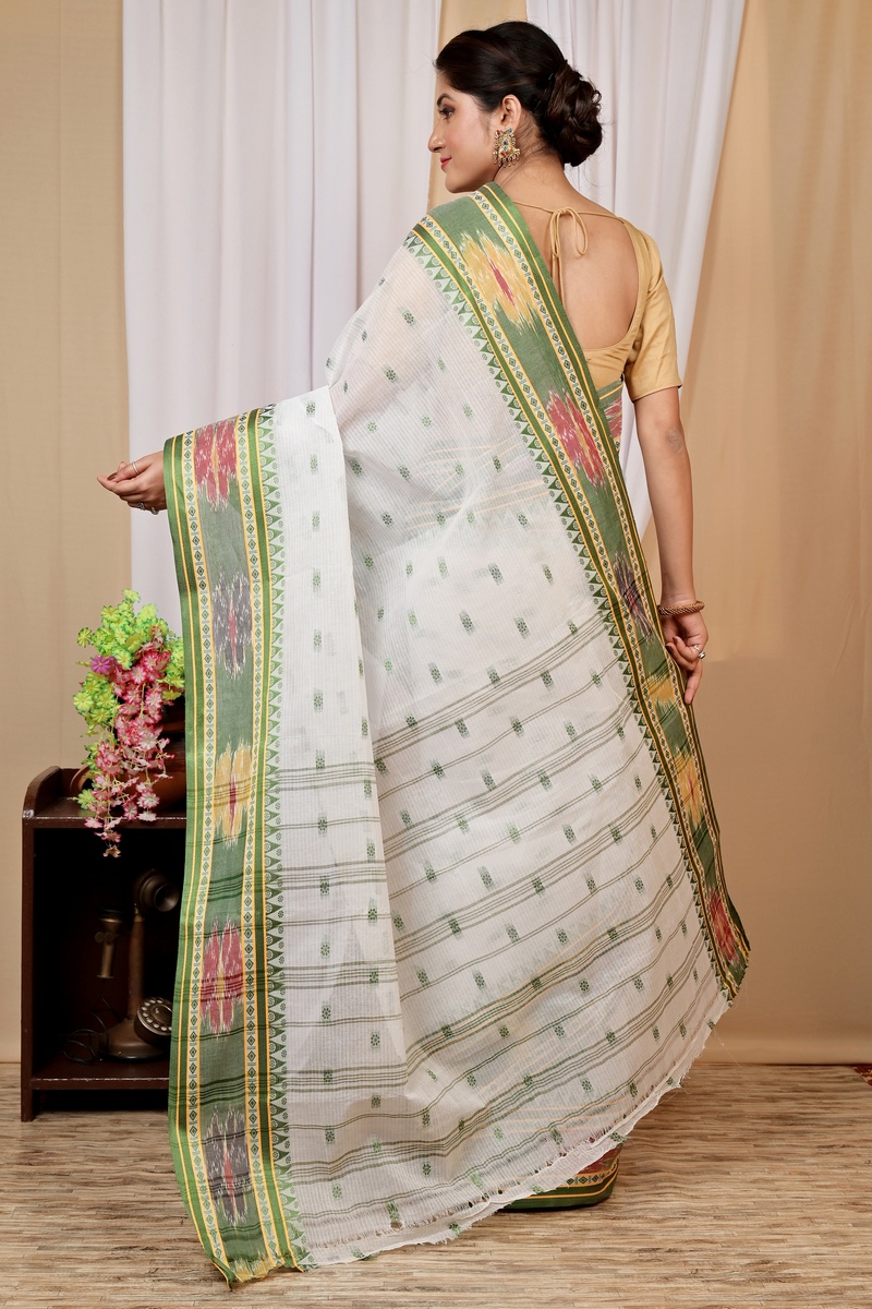 Green and White Pure Cotton Hema Tant Saree (1608)