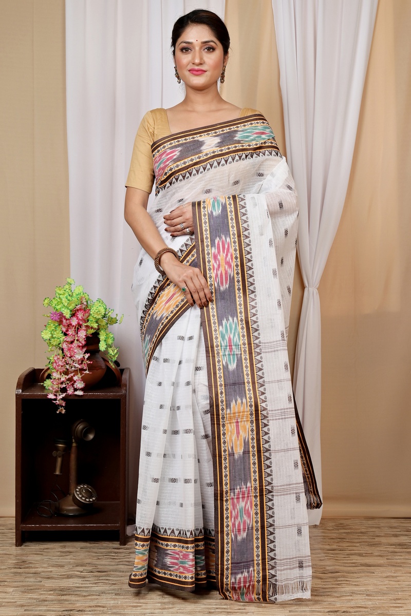 Brown and White Pure Cotton Hema Tant Saree (1609)