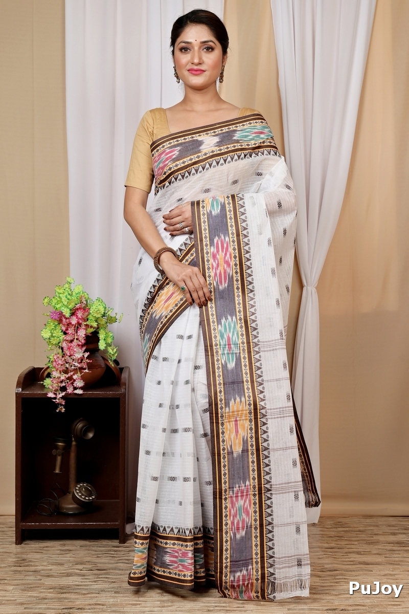 Brown and White Pure Cotton Hema Tant Saree (1609)