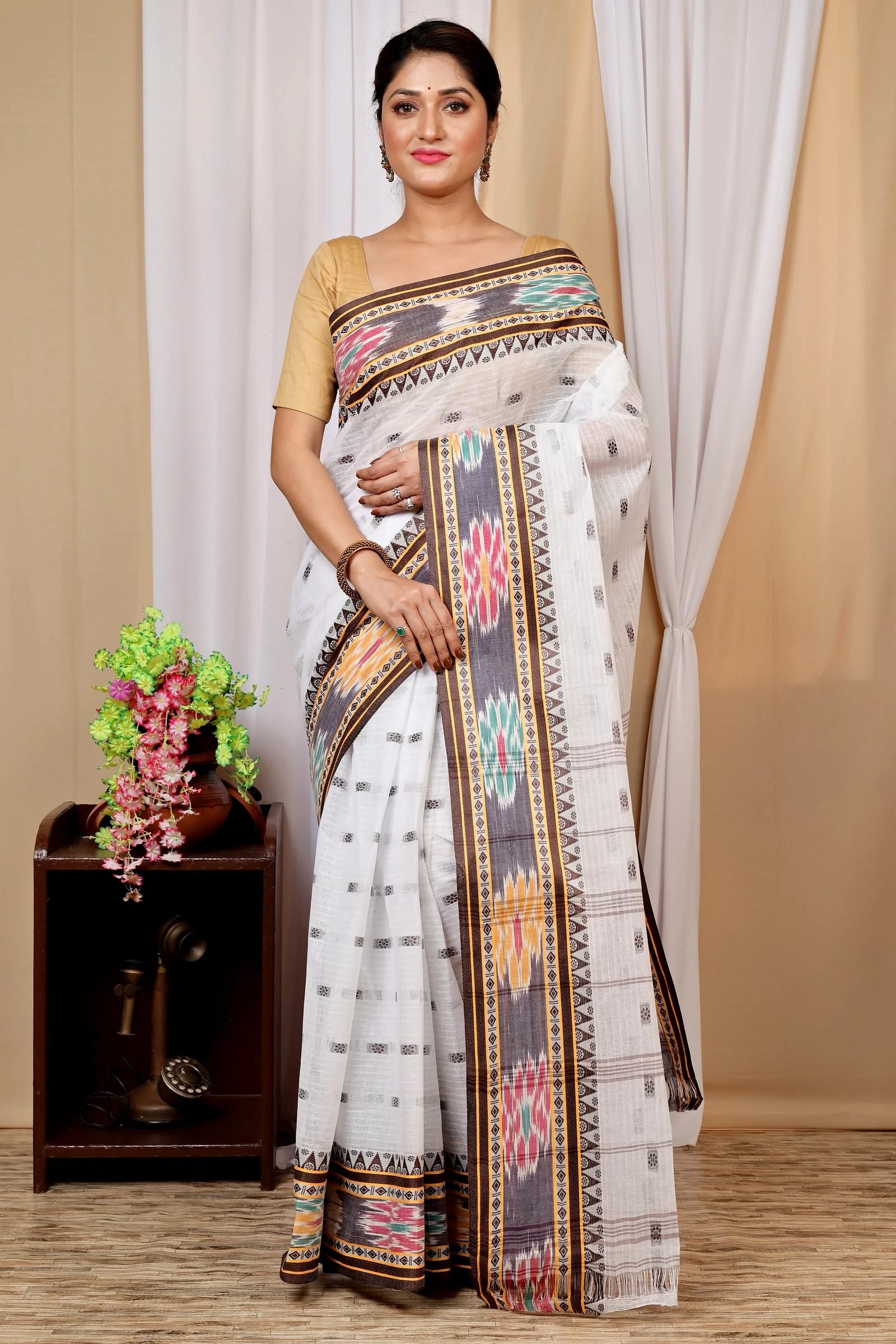 Brown and White Pure Cotton Hema Tant Saree (1609)