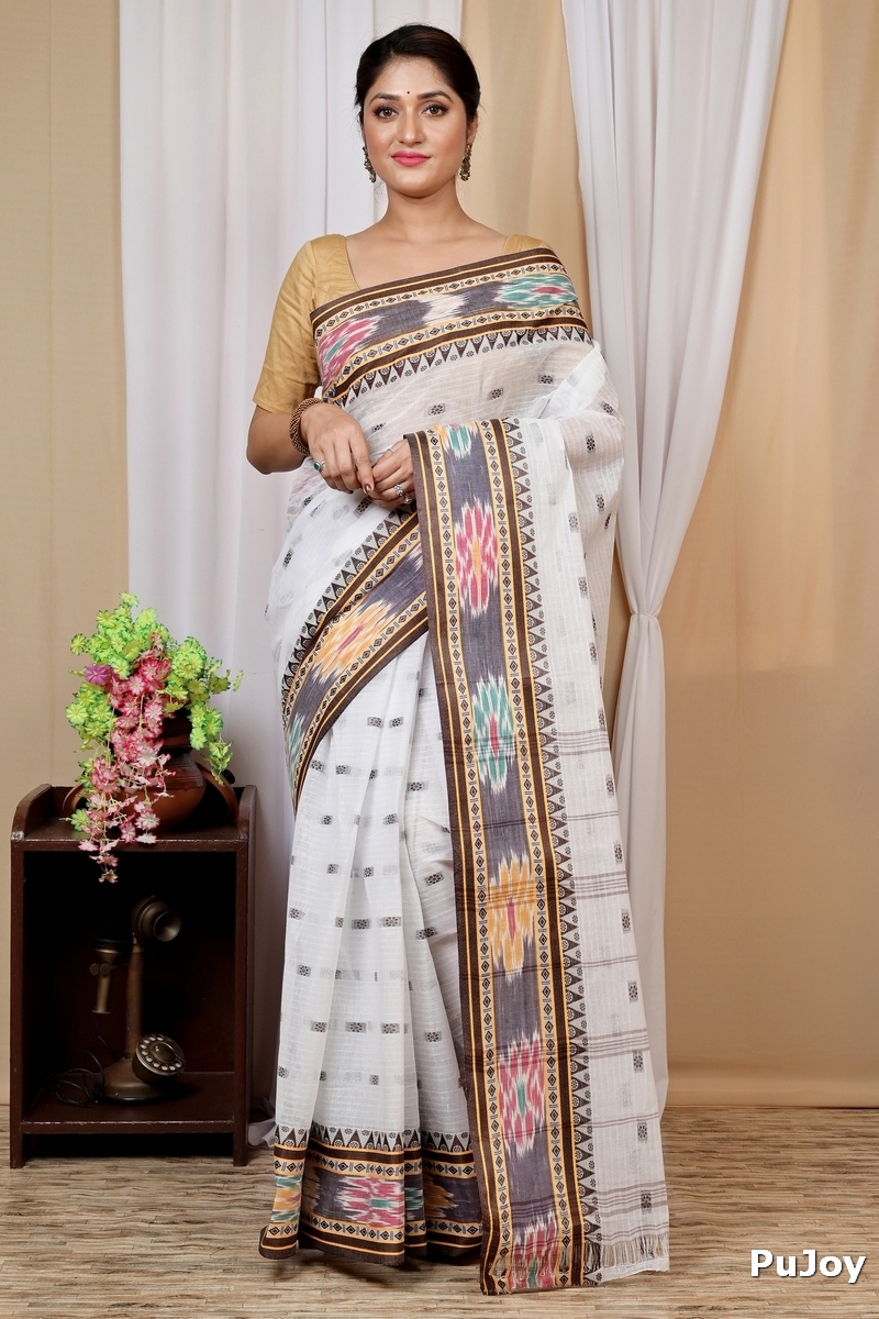 Brown and White Pure Cotton Hema Tant Saree (1609)